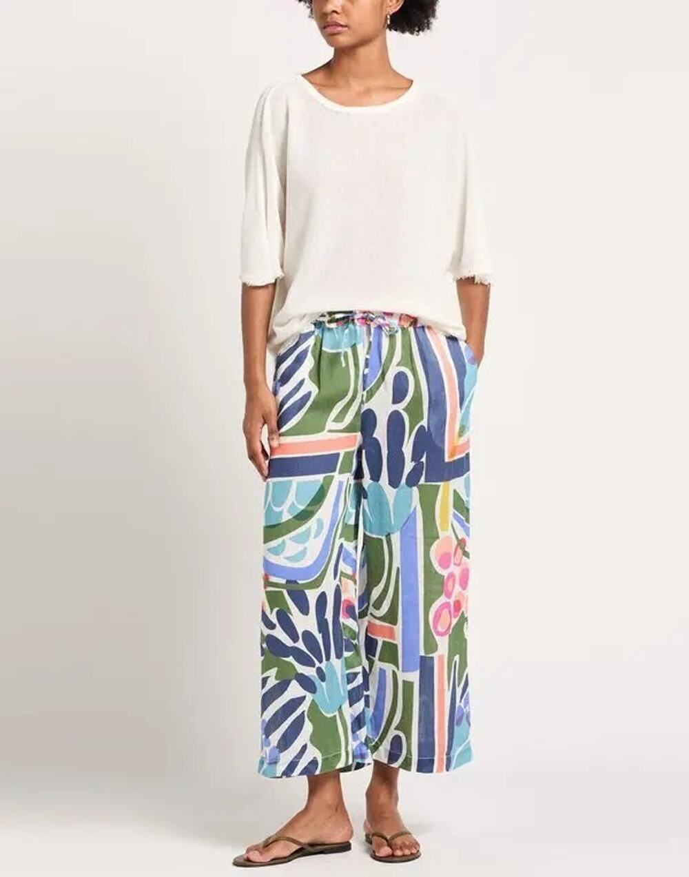 120 Lino Wide Leg Blue Green Floral Linen Pants EU 42 US 6 - Picture 1 of 9
